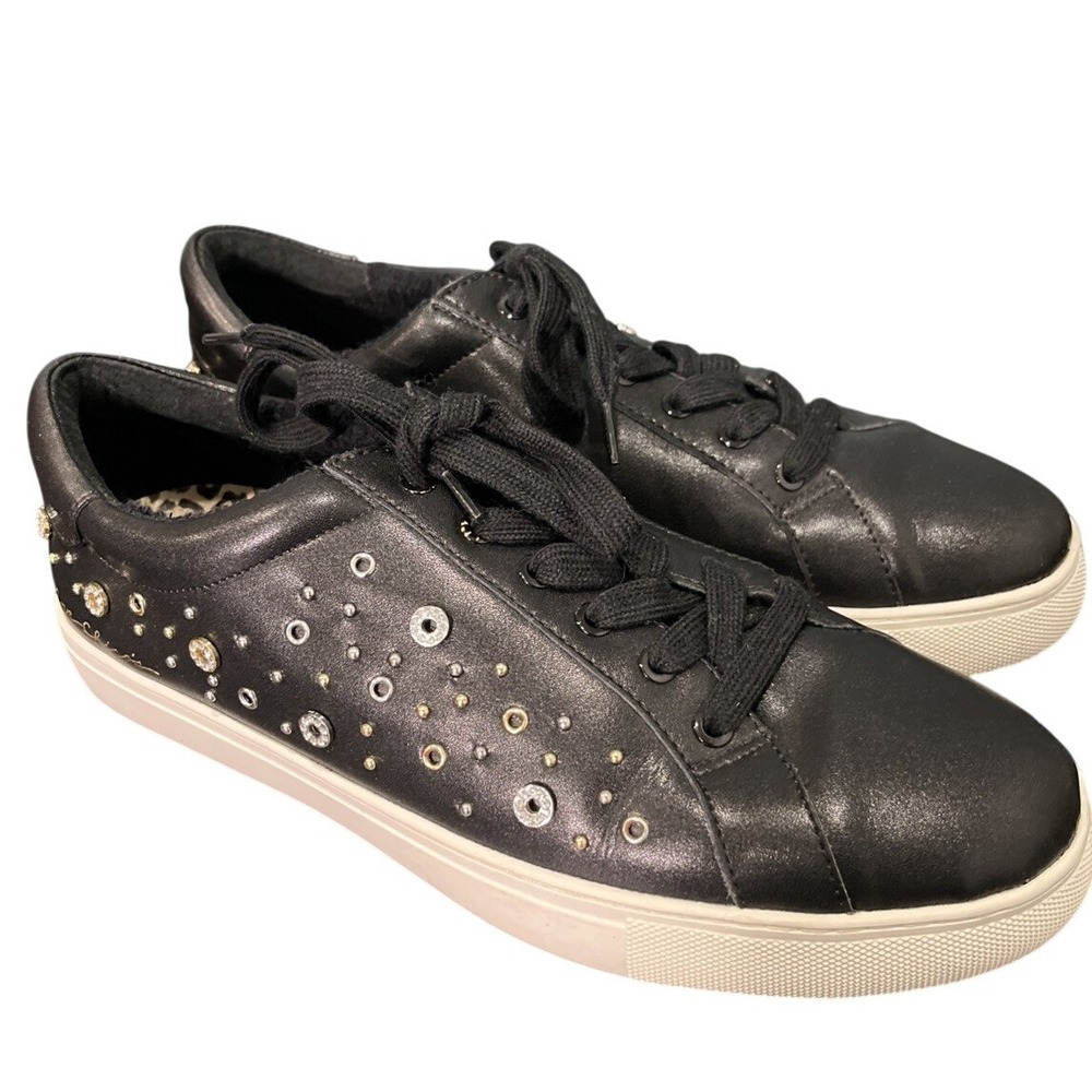 Chicos Womens Black Leather Studded Rhinestone Sneakers 9.5M Bilng Rocker Street
